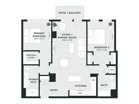 A floor plan of a home with a living room, dining room, kitchen, two bedrooms, and bathrooms.